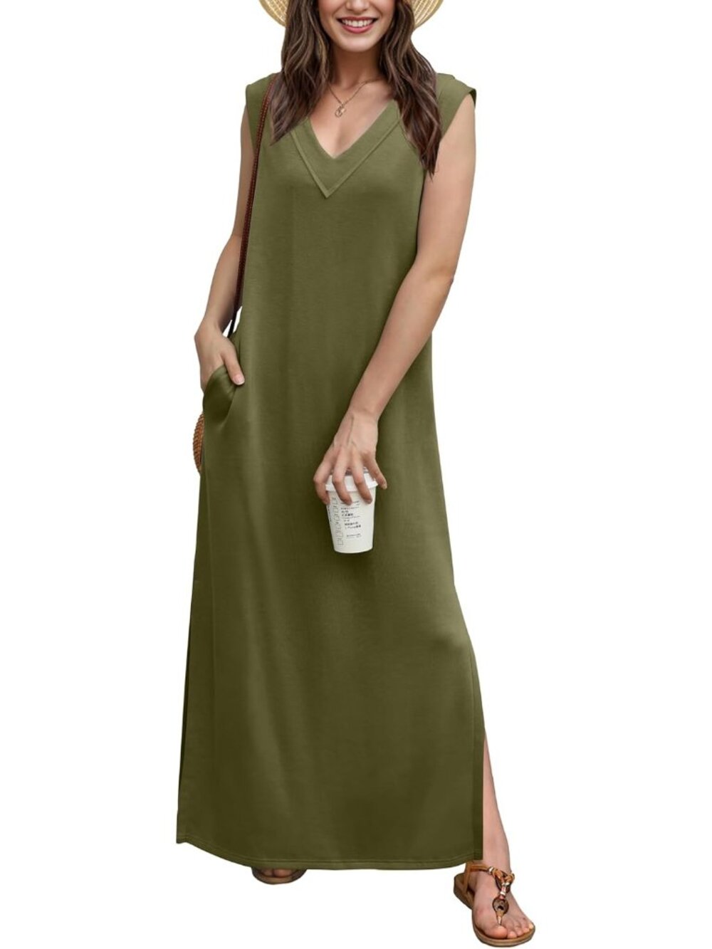 Women's Green Summer Maxi Dress V-Neck Sleeveless Casual Loose Split Long Dress